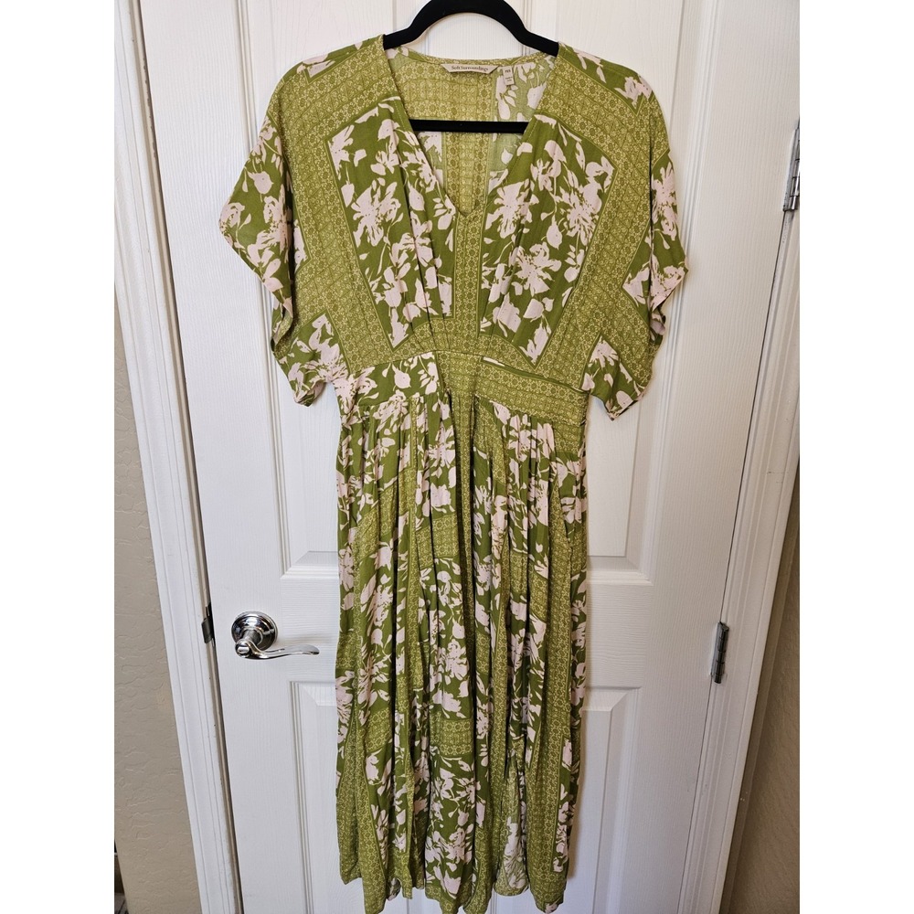 Soft Surroundings Green Pink Floral V-Neck SS Front Slits Maxi Dress, Petite PXS